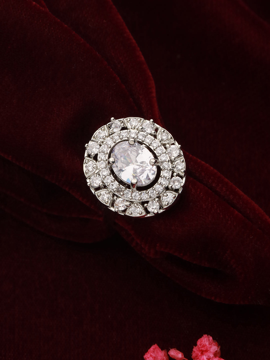 Priyaasi Oval Halo American Diamond Silver-Plated Ring