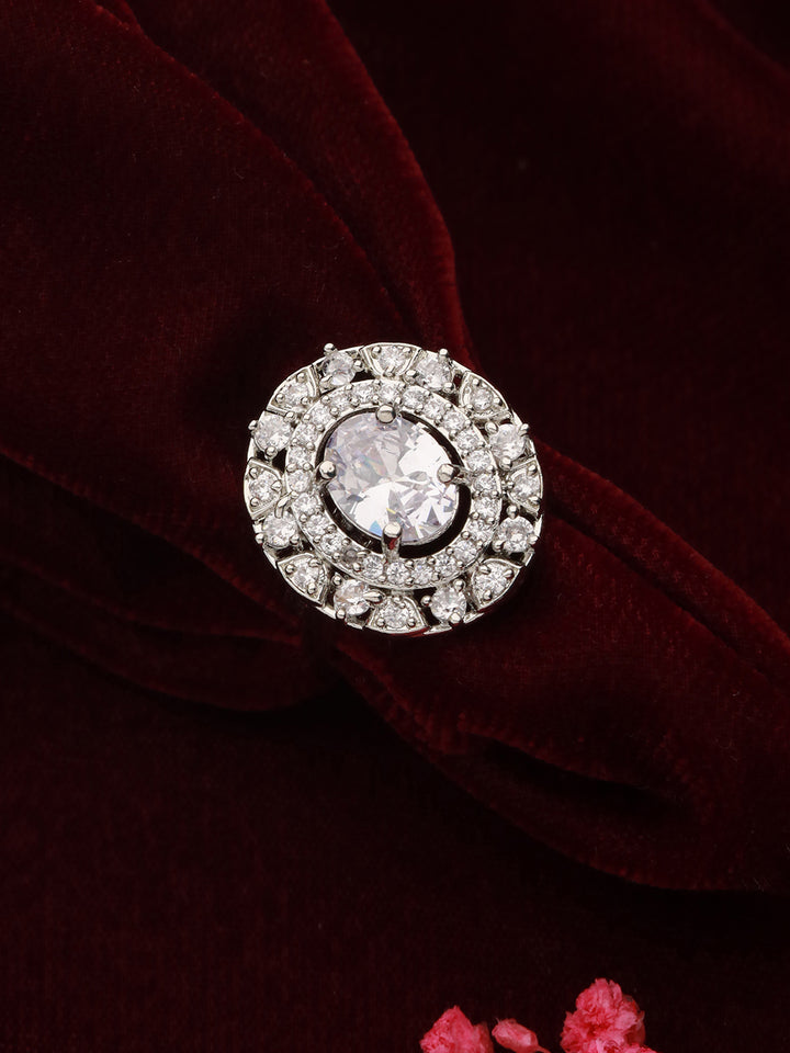 Priyaasi Oval Halo American Diamond Silver-Plated Ring