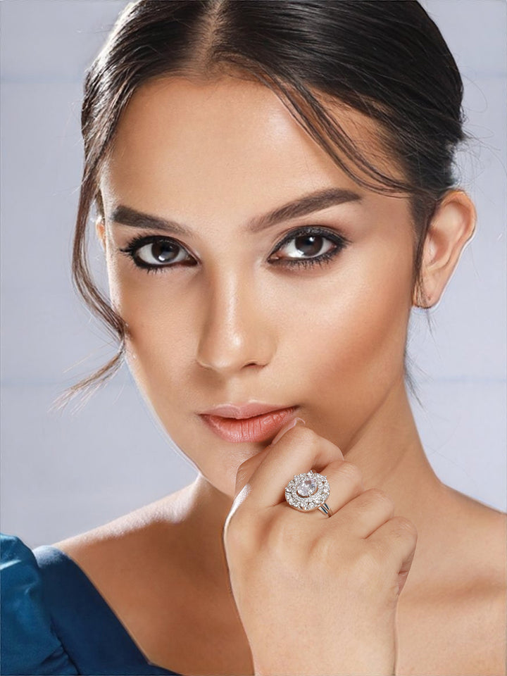 Priyaasi Oval Halo American Diamond Silver-Plated Ring