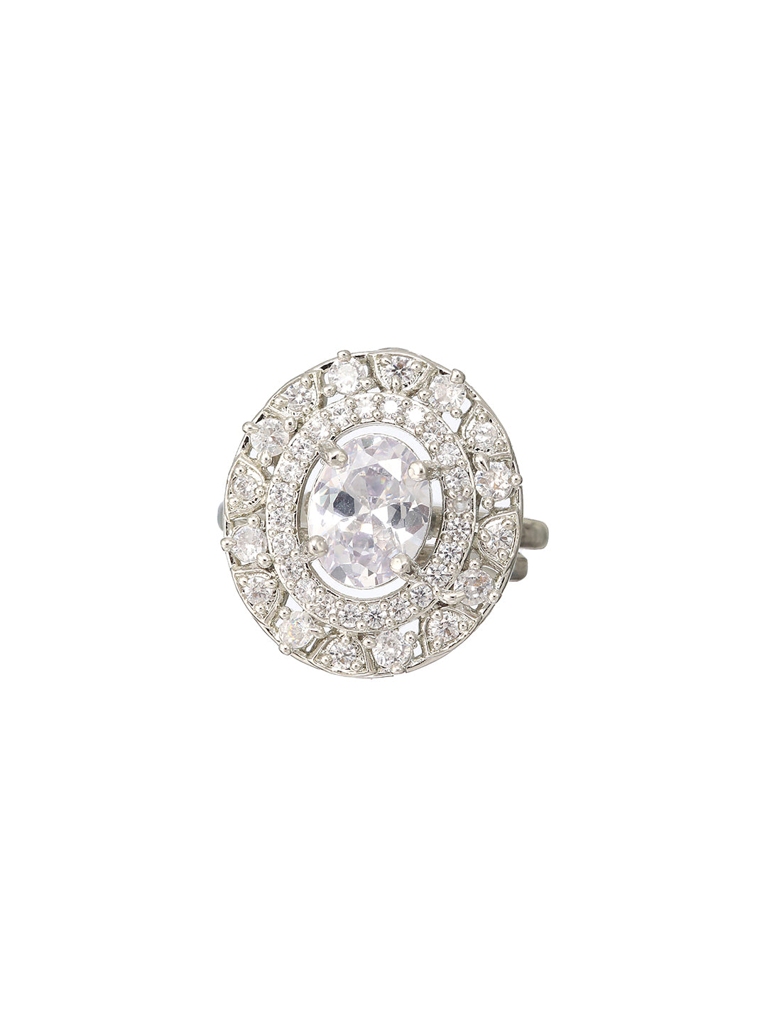 Priyaasi Oval Halo American Diamond Silver-Plated Ring