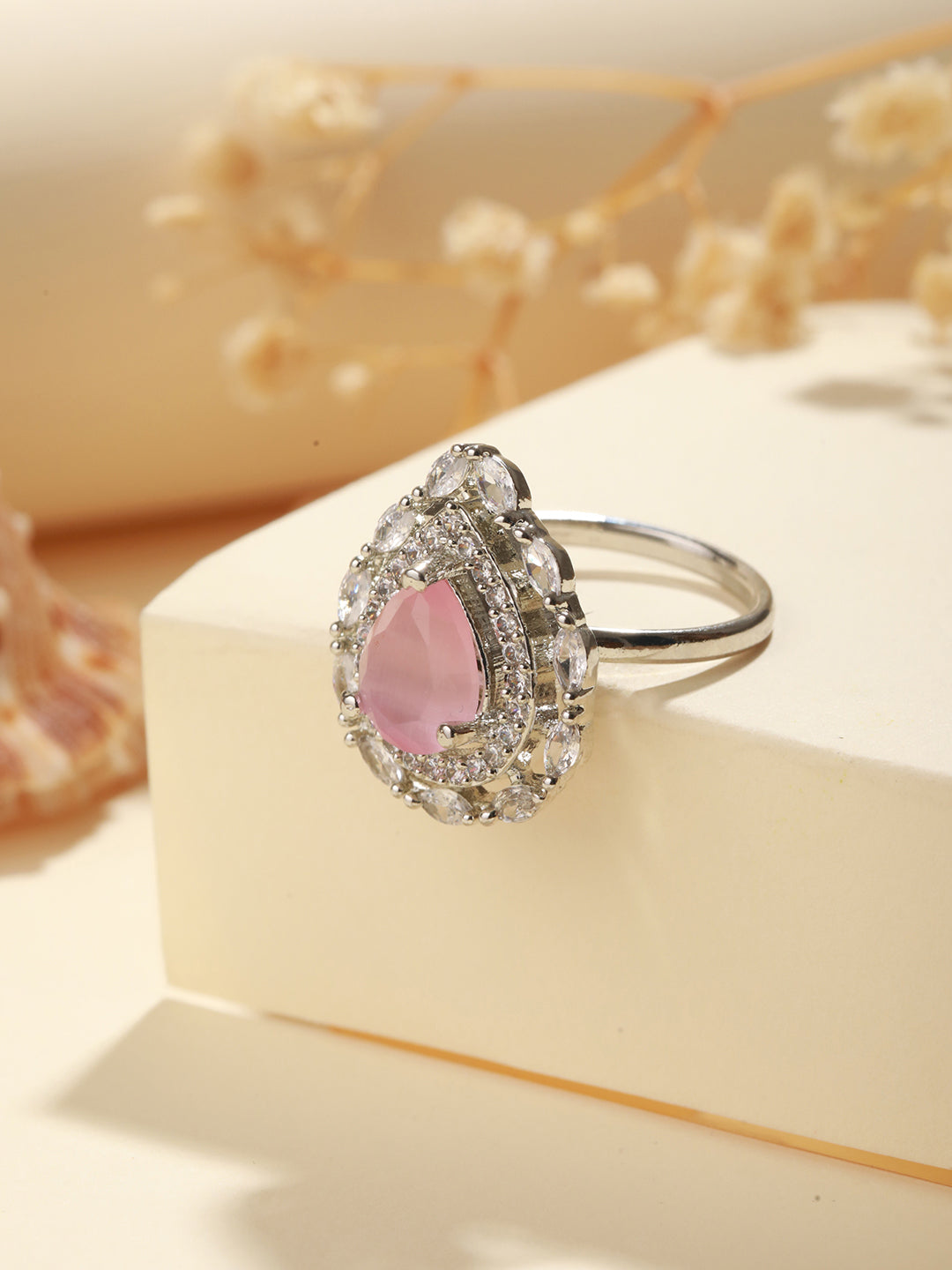 Priyaasi Pink Teardrop American Diamond Silver-Plated Adjustable Ring