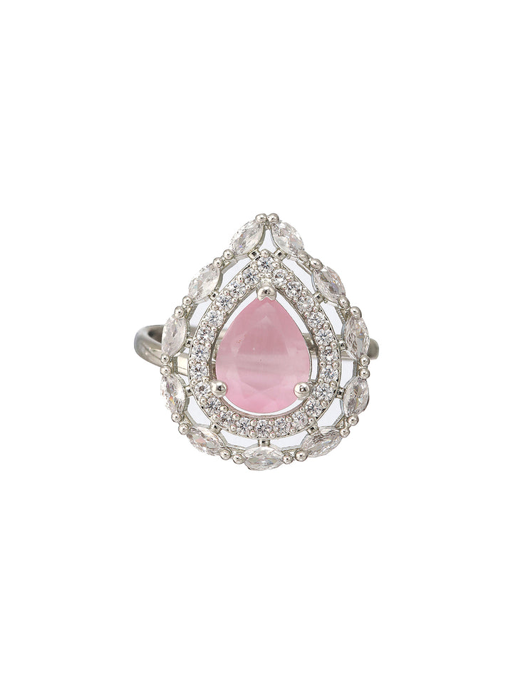 Priyaasi Pink Teardrop American Diamond Silver-Plated Adjustable Ring