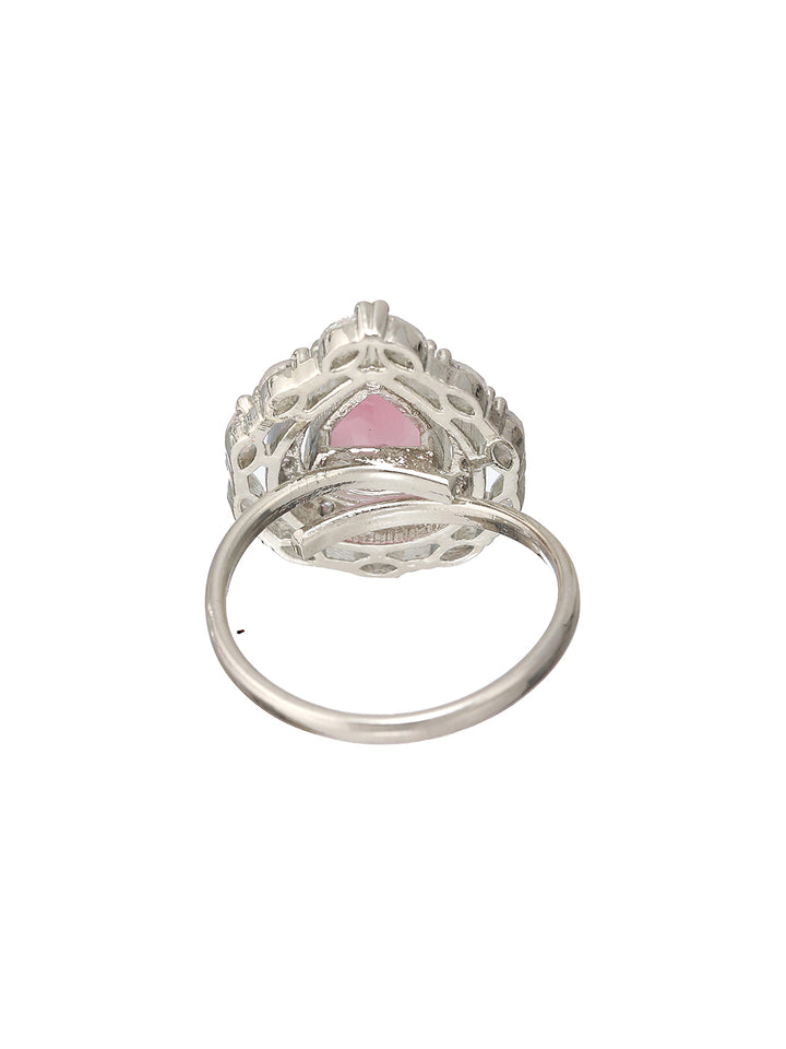 Priyaasi Pink Teardrop American Diamond Silver-Plated Adjustable Ring