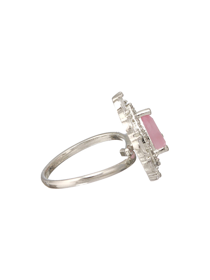 Priyaasi Pink Teardrop American Diamond Silver-Plated Adjustable Ring