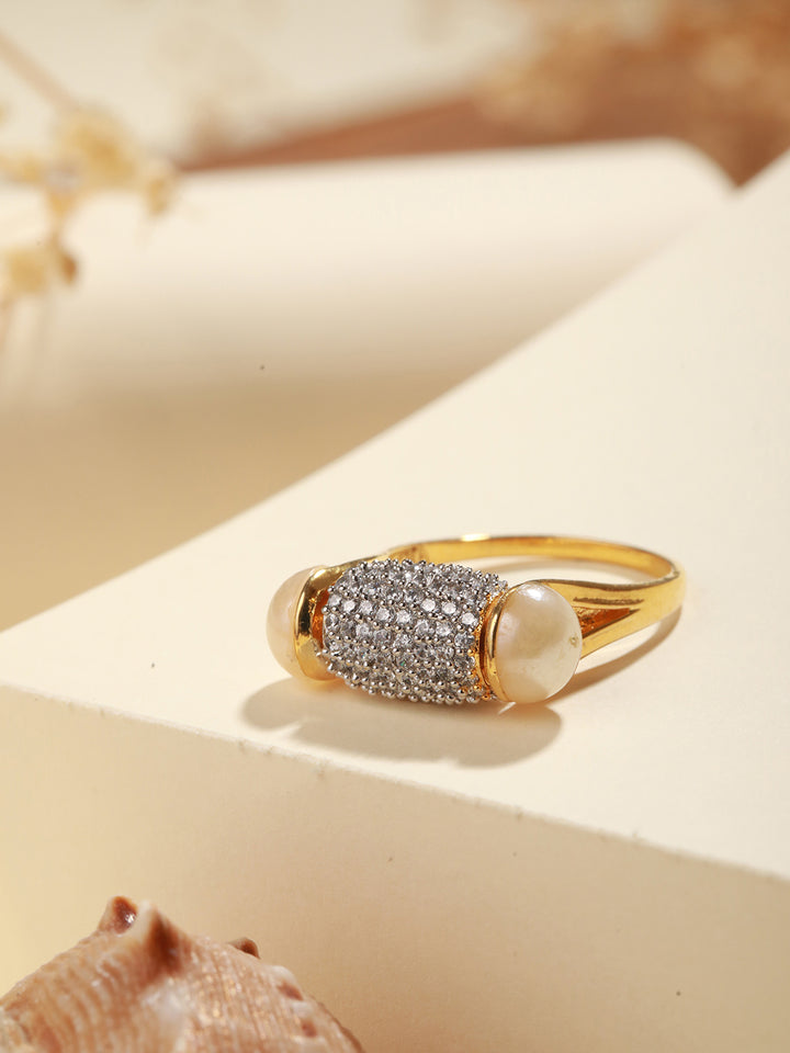 Priyaasi American Diamond-Studded Pearl Barrel Gold-Plated Ring