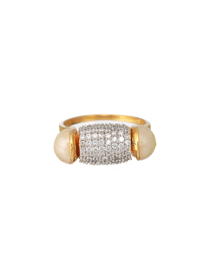 Priyaasi American Diamond-Studded Pearl Barrel Gold-Plated Ring