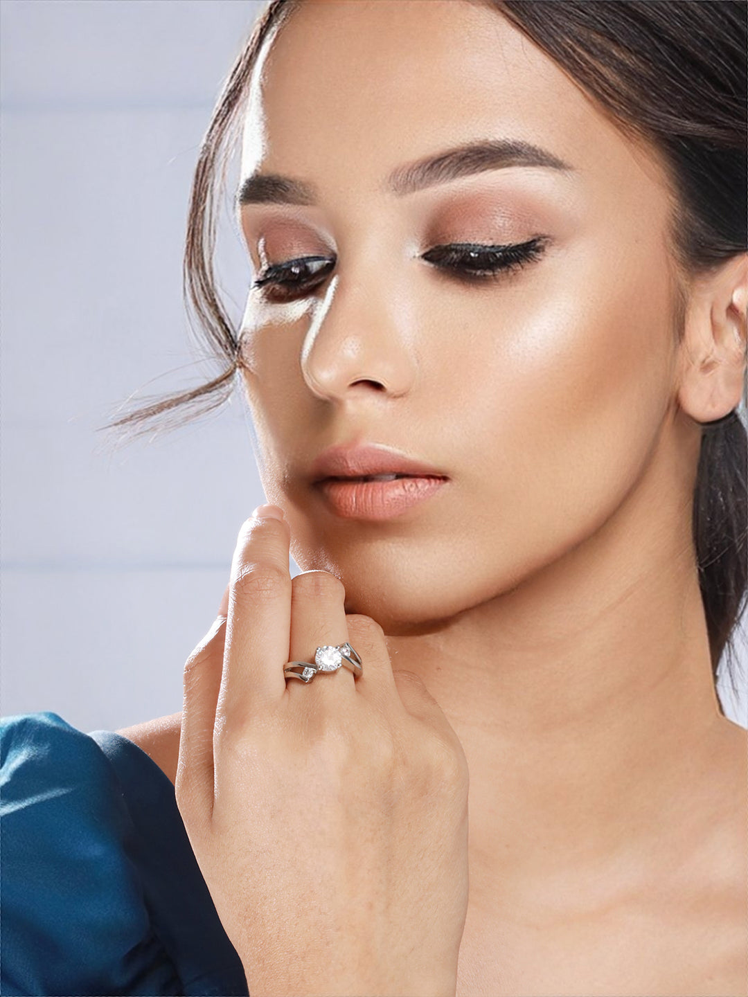 Priyaasi Solitaire Design American Diamond Silver-Plated Ring