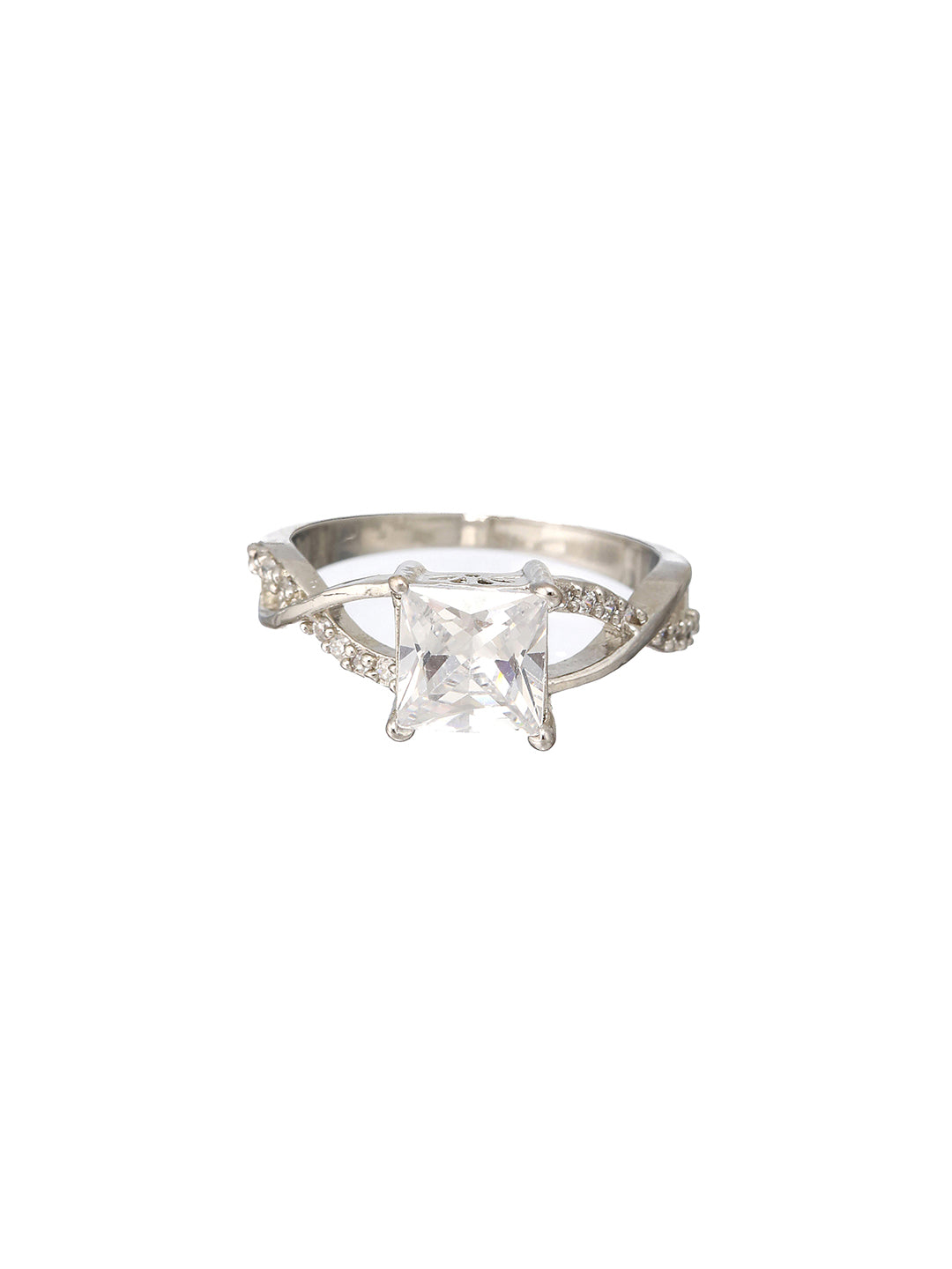 Priyaasi Solitaire Block American Diamond Silver-Plated Ring