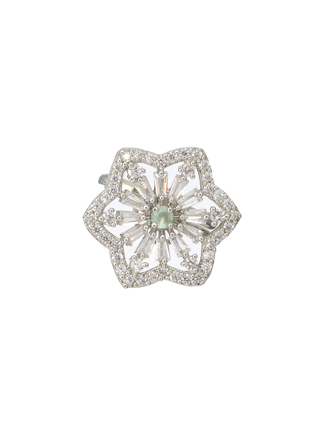 Priyaasi Mint Green Flower American Diamond Silver-Plated Adjustable Cocktail Ring