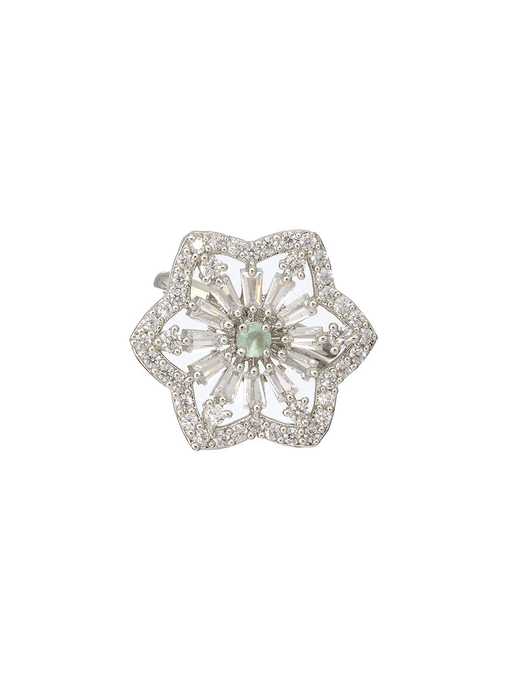 Priyaasi Mint Green Flower American Diamond Silver-Plated Adjustable Cocktail Ring