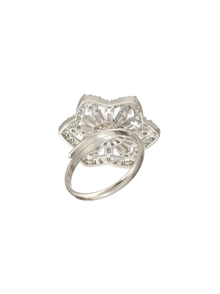 Priyaasi Mint Green Flower American Diamond Silver-Plated Adjustable Cocktail Ring