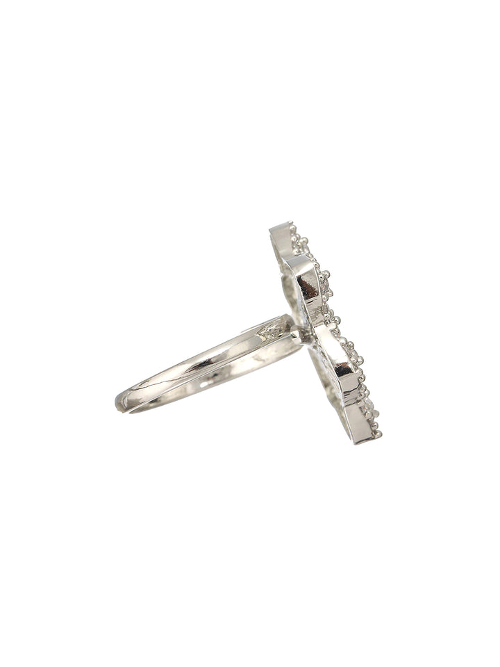 Priyaasi Mint Green Flower American Diamond Silver-Plated Adjustable Cocktail Ring