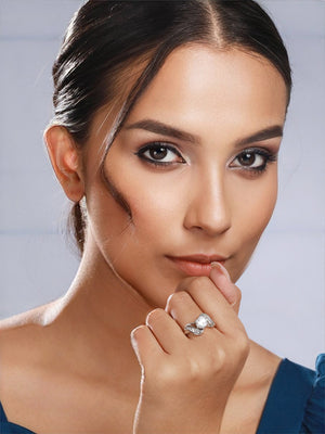 Priyaasi Solitaire Leaves American Diamond Silver-Plated Ring