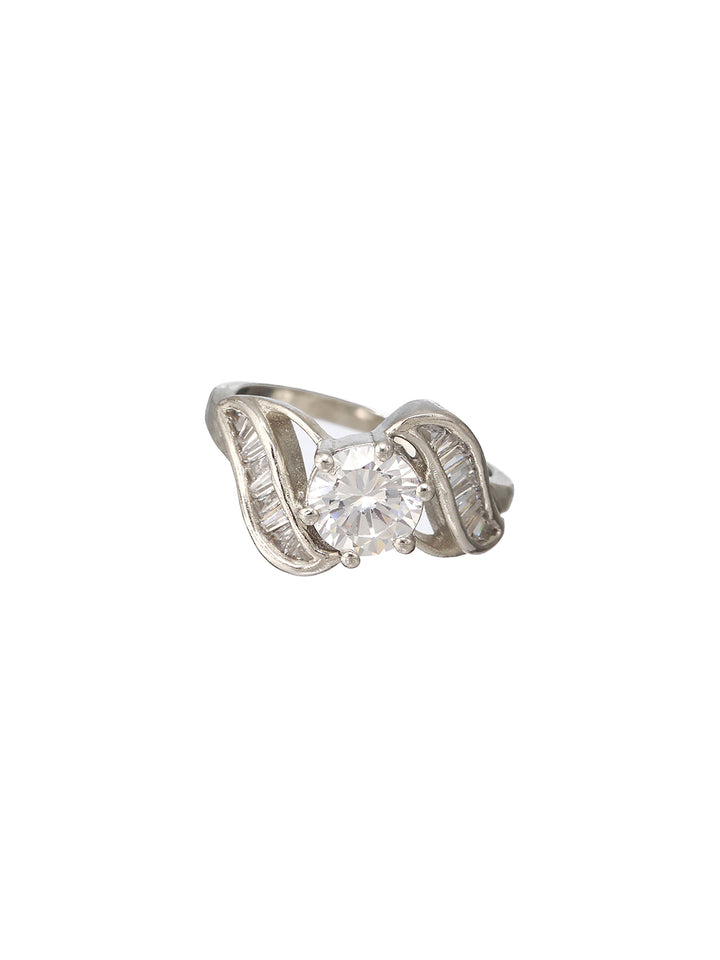 Priyaasi Solitaire Leaves American Diamond Silver-Plated Ring