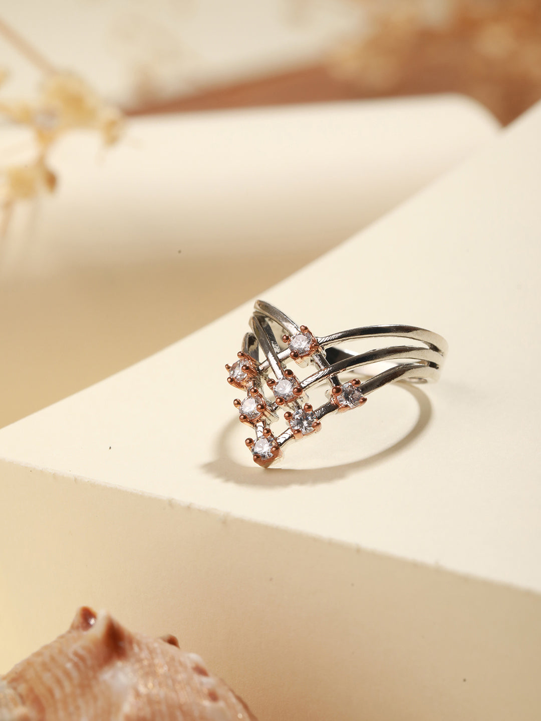 Priyaasi Finger Crown American Diamond Rose Gold Silver-Plated Ring