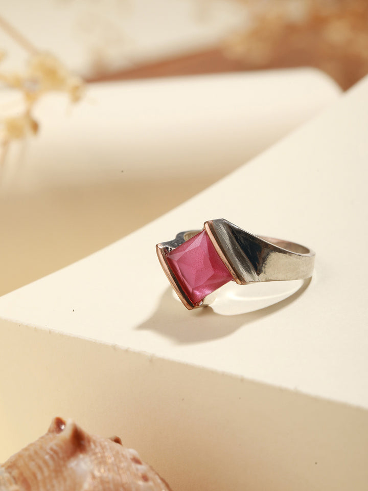 Priyaasi Pink Square Studded Silver-Plated Ring
