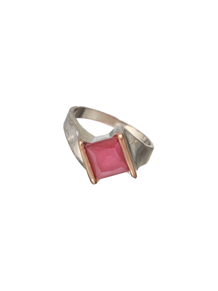 Priyaasi Pink Square Studded Silver-Plated Ring