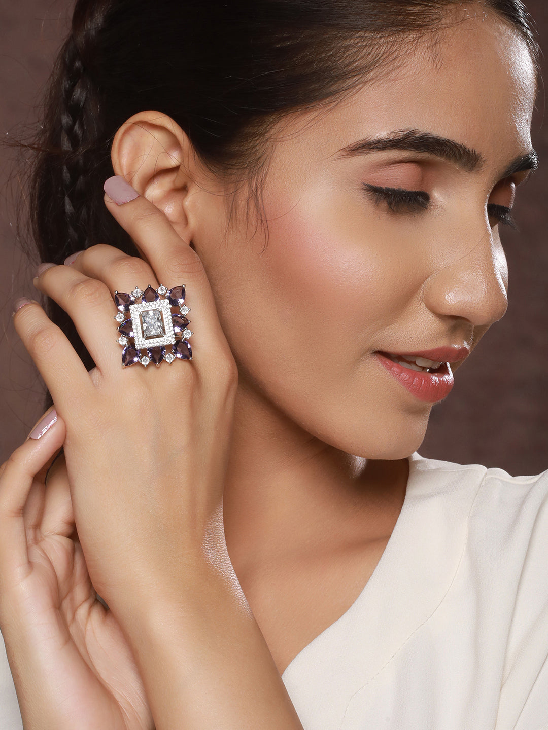 Priyaasi Purple Block Leaves American Diamond Silver-Plated Adjustable Cocktail Ring