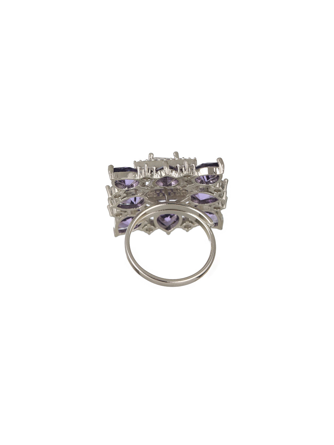 Priyaasi Purple Block Leaves American Diamond Silver-Plated Adjustable Cocktail Ring
