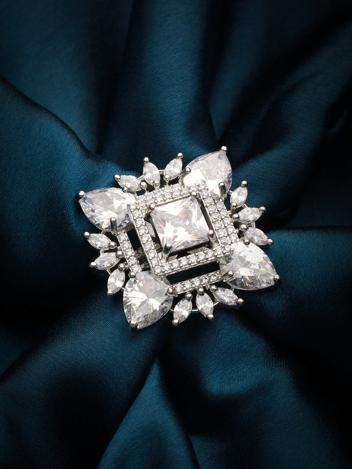 Priyaasi Block Leaves American Diamond Silver-Plated Adjustable Cocktail Ring
