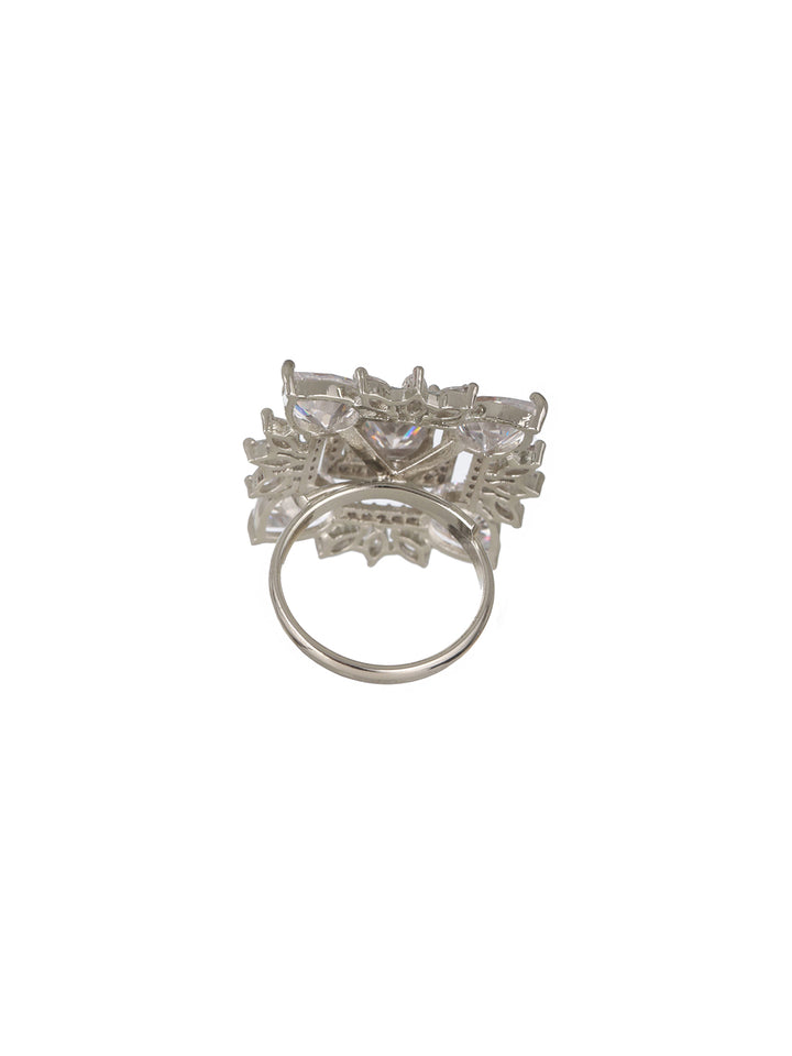 Priyaasi Block Leaves American Diamond Silver-Plated Adjustable Cocktail Ring
