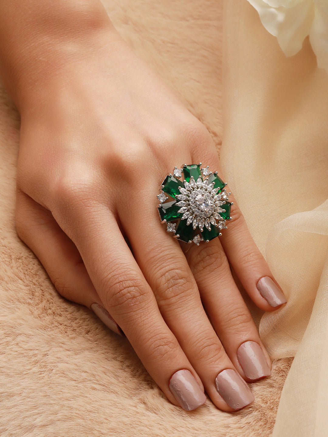 Priyaasi Green Flower American Diamond Adjustable Silver-Plated Cocktail Ring