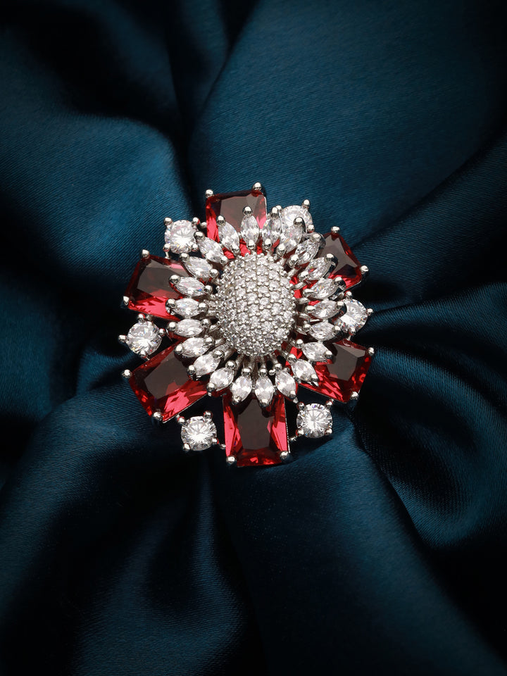Priyaasi Red Flower American Diamond Adjustable Silver-Plated Cocktail Ring