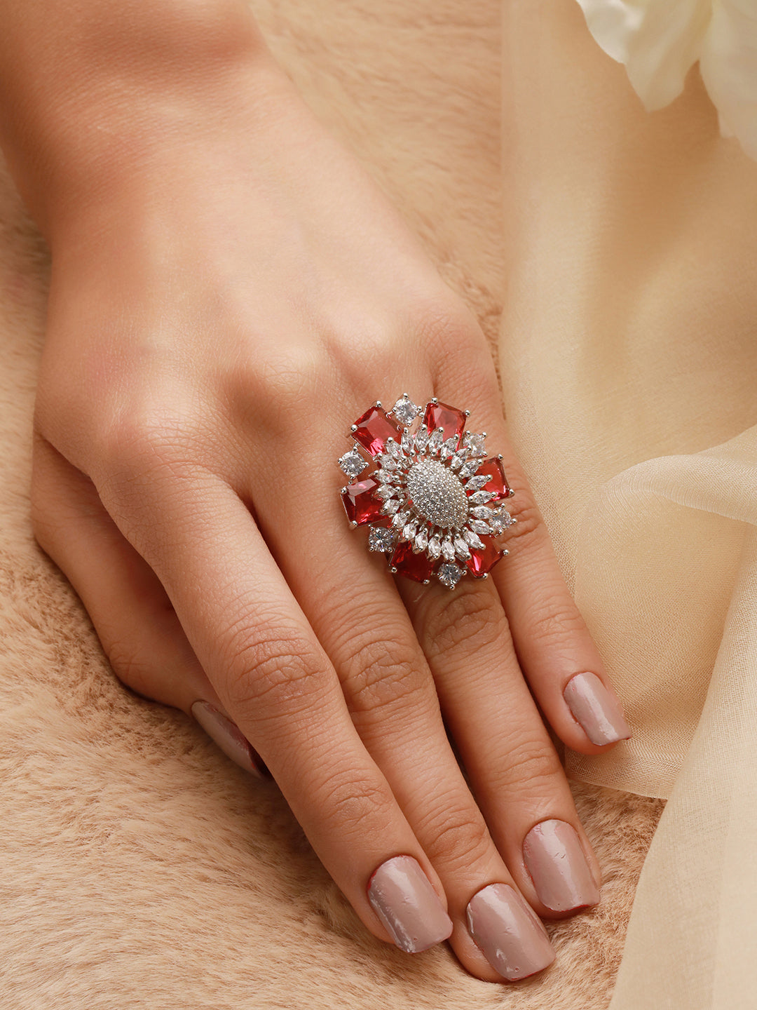 Priyaasi Red Flower American Diamond Adjustable Silver-Plated Cocktail Ring
