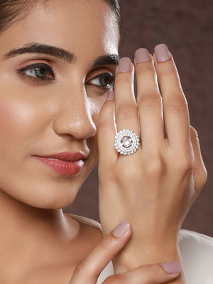 Priyaasi Stunning Round Floral American Diamond Adjustable Silver-Plated Cocktail Ring