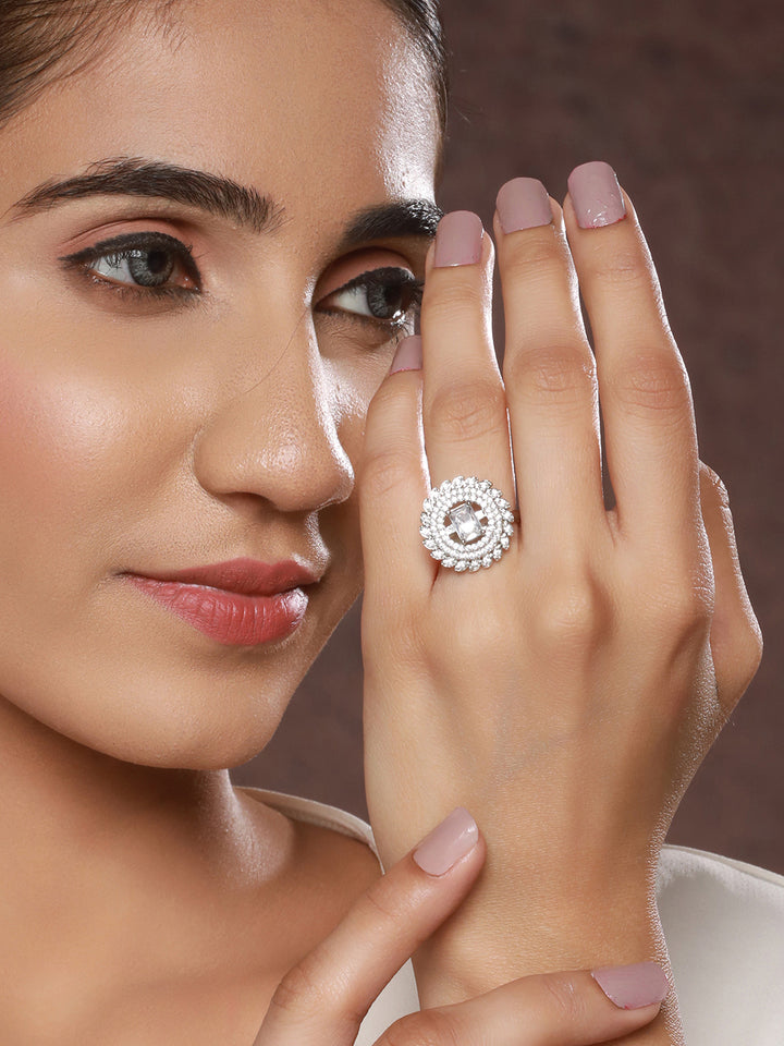 Priyaasi Stunning Round Floral American Diamond Adjustable Silver-Plated Cocktail Ring