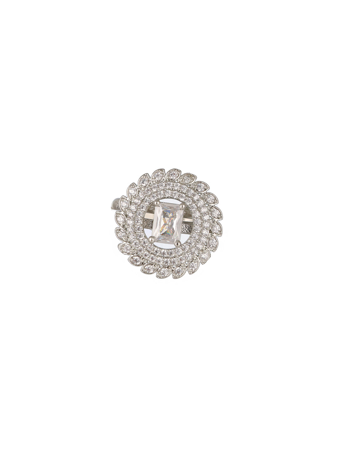 Priyaasi Stunning Round Floral American Diamond Adjustable Silver-Plated Cocktail Ring