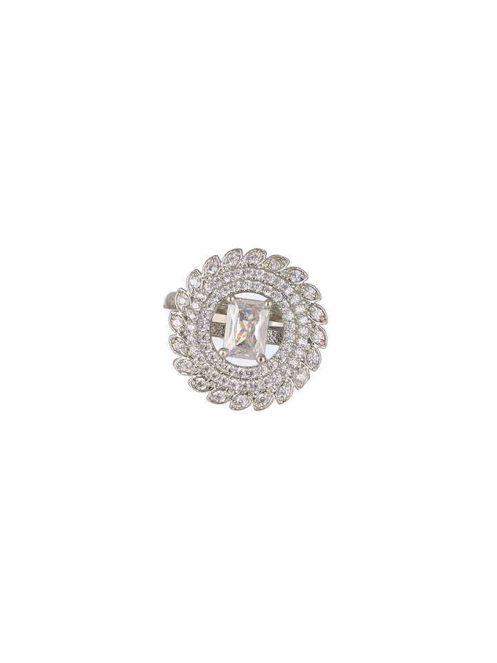 Priyaasi Stunning Round Floral American Diamond Adjustable Silver-Plated Cocktail Ring