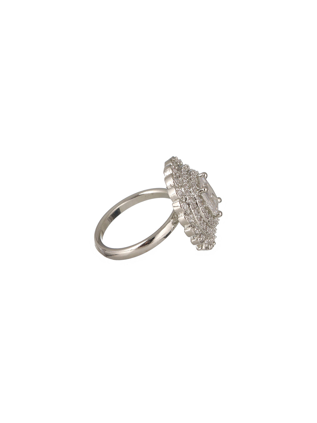 Priyaasi Stunning Round Floral American Diamond Adjustable Silver-Plated Cocktail Ring