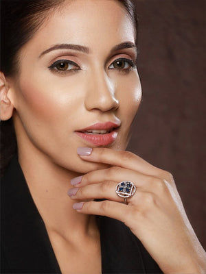 Priyaasi Blue Flower Round AD Rose Gold Adjustable Silver-Plated Cocktail Ring