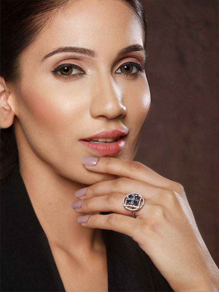 Priyaasi Blue Flower Round AD Rose Gold Adjustable Silver-Plated Cocktail Ring