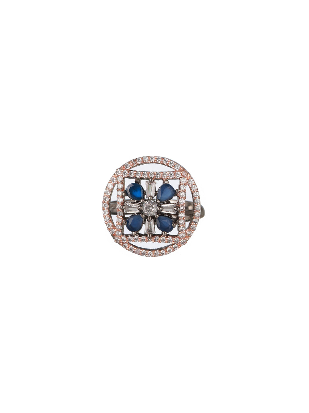 Priyaasi Blue Flower Round AD Rose Gold Adjustable Silver-Plated Cocktail Ring