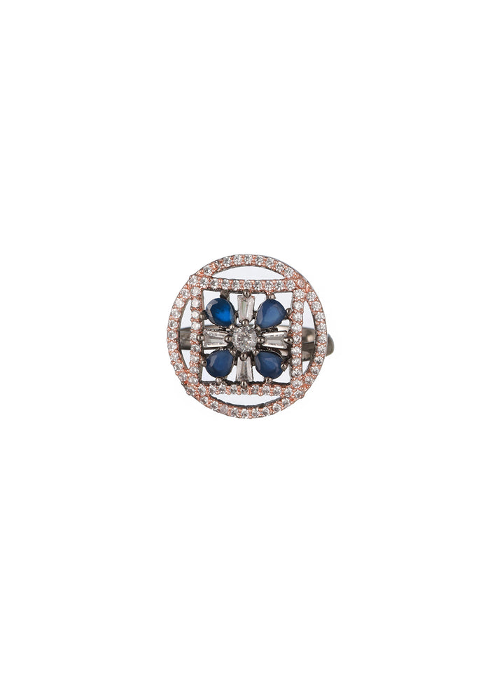 Priyaasi Blue Flower Round AD Rose Gold Adjustable Silver-Plated Cocktail Ring