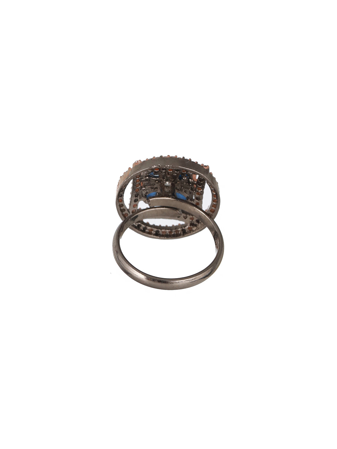 Priyaasi Blue Flower Round AD Rose Gold Adjustable Silver-Plated Cocktail Ring