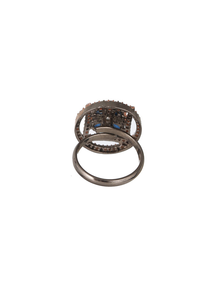 Priyaasi Blue Flower Round AD Rose Gold Adjustable Silver-Plated Cocktail Ring
