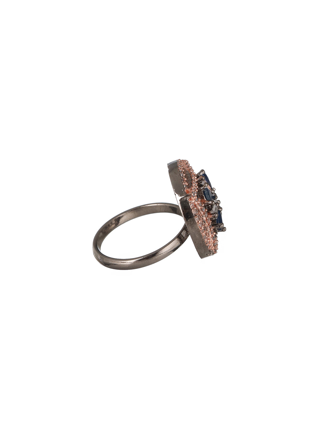 Priyaasi Blue Flower Round AD Rose Gold Adjustable Silver-Plated Cocktail Ring