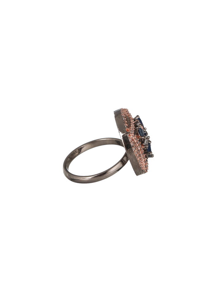 Priyaasi Blue Flower Round AD Rose Gold Adjustable Silver-Plated Cocktail Ring