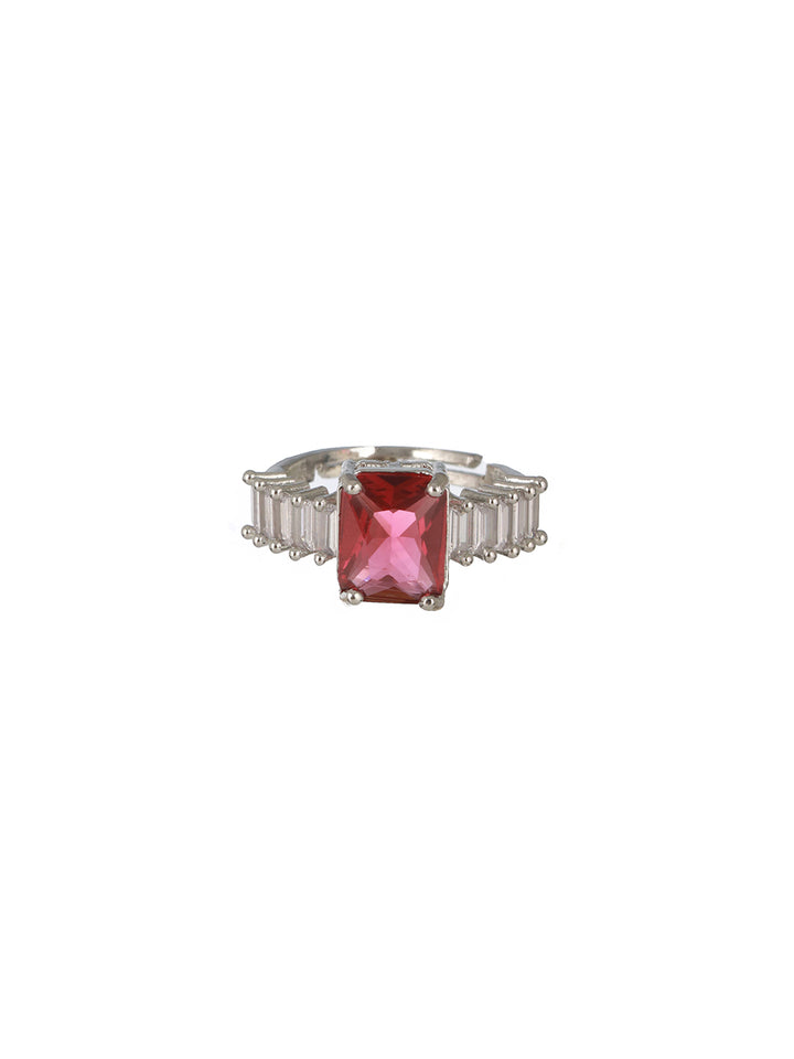 Priyaasi Red Solitaire Baguette Diamond Silver-Plated Adjustable Ring