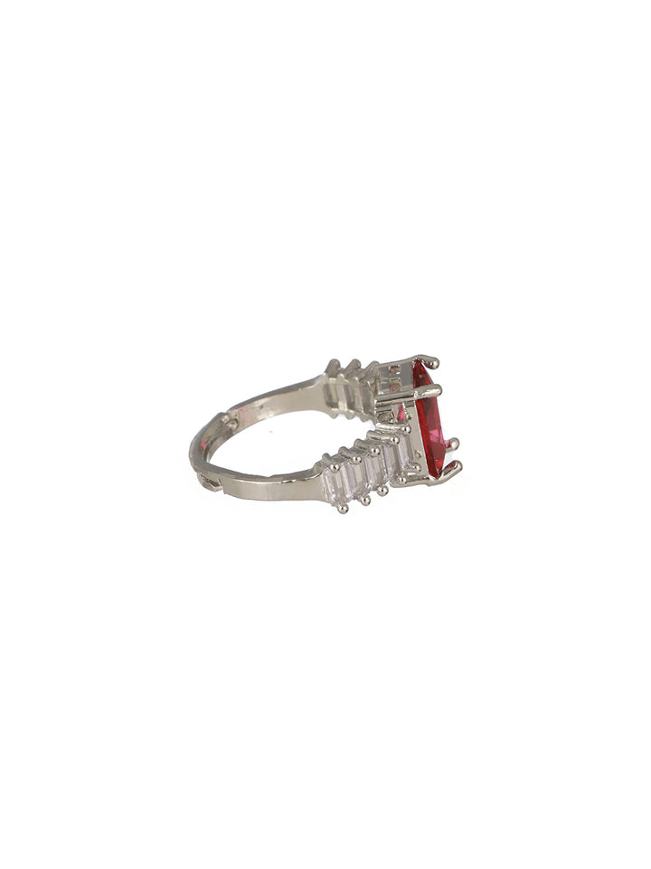 Priyaasi Red Solitaire Baguette Diamond Silver-Plated Adjustable Ring