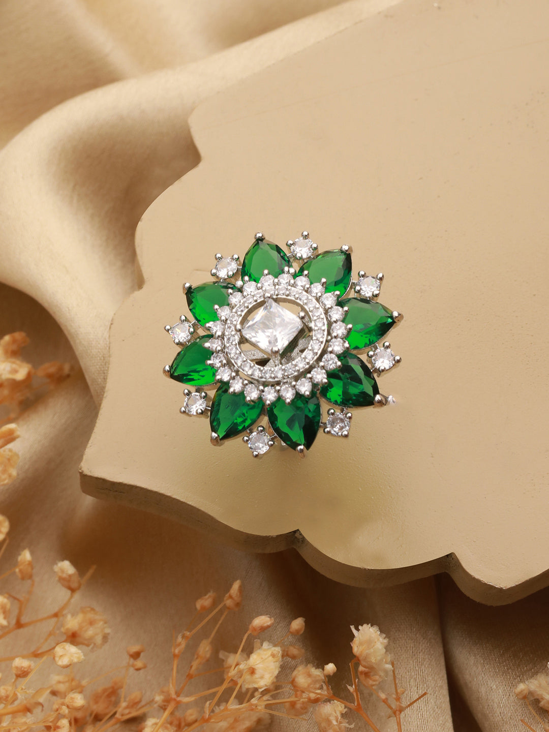 Priyaasi Green Floral American Diamond Adjustable Silver-Plated Cocktail Ring