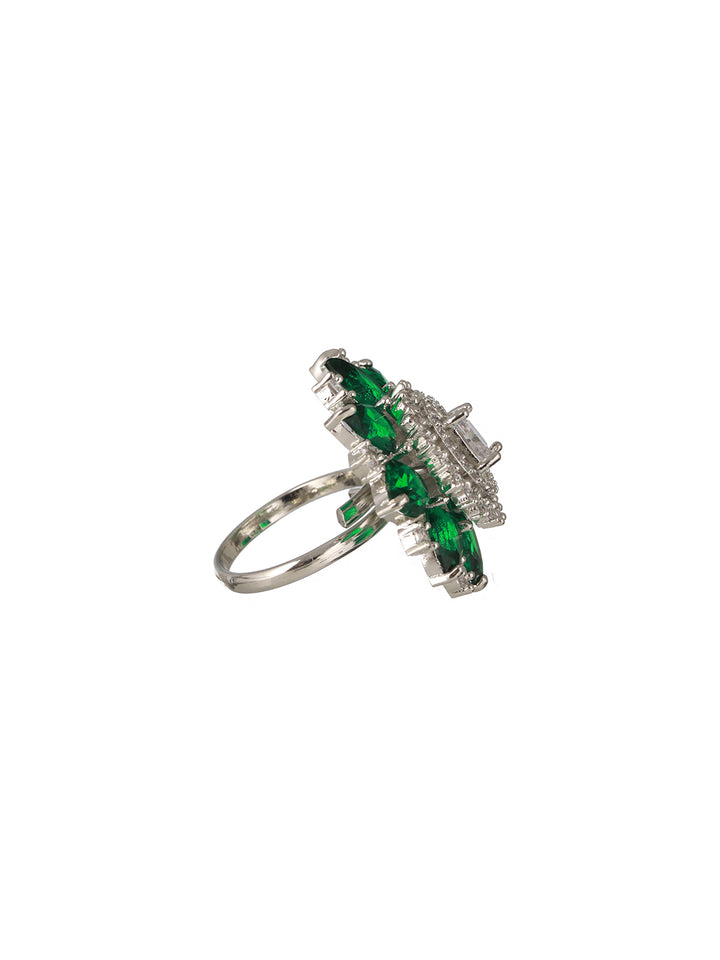 Priyaasi Green Floral American Diamond Adjustable Silver-Plated Cocktail Ring