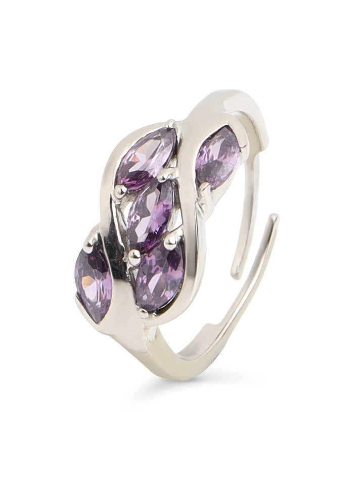 Sheer by Priyaasi Purple Tri-Leaves AD Adjustable 925 Sterling Silver Ring