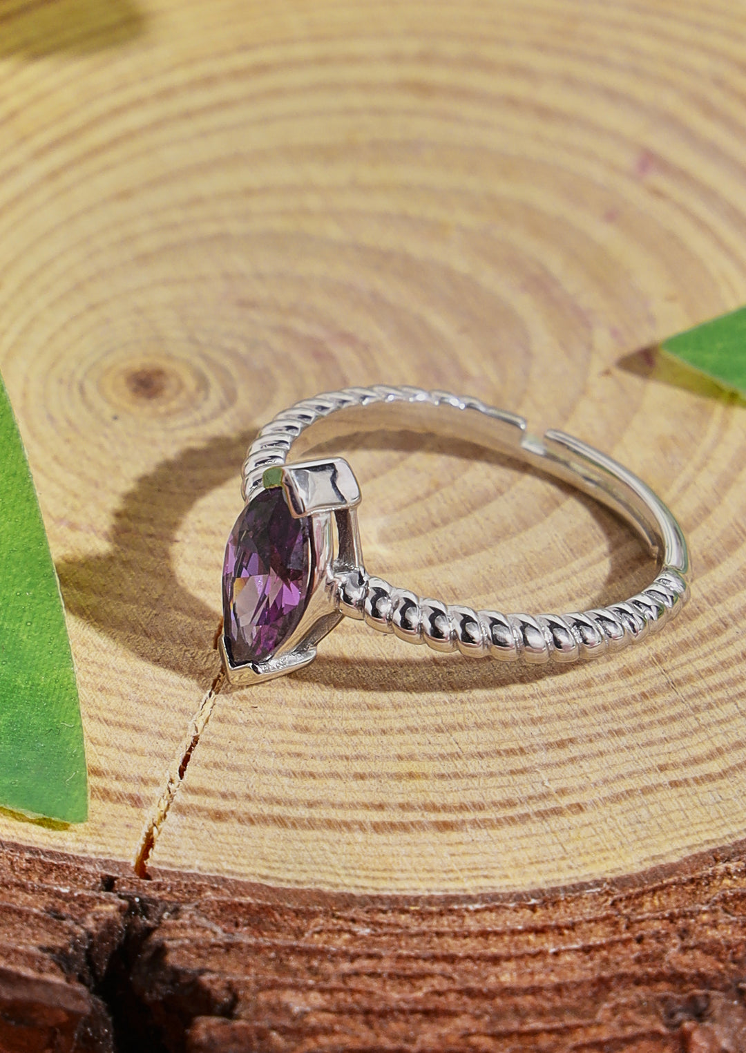 Sheer by Priyaasi Purple Leaf Spiral Band Adjustable 925 Sterling Silver Ring