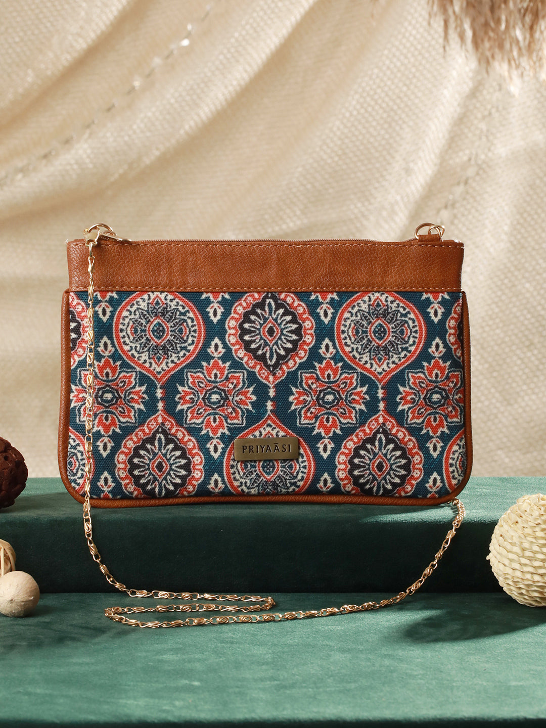 Priyaasi Blue Blossom Multicolor Printed Brown Sling Bag