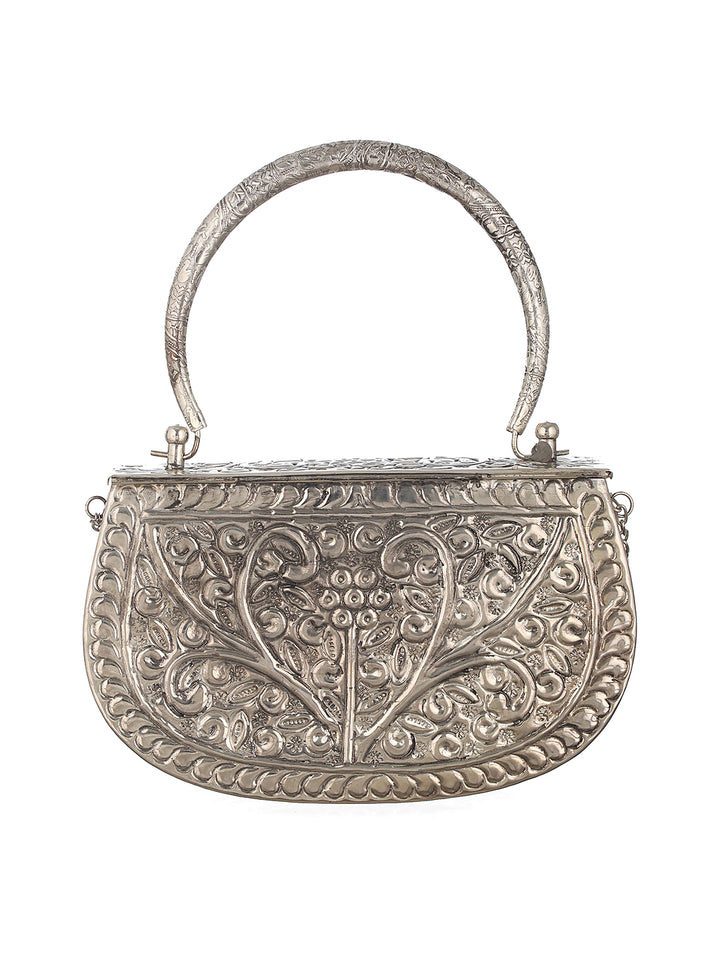 Vintage Textured Silver Metallic Clutch Sling Bag