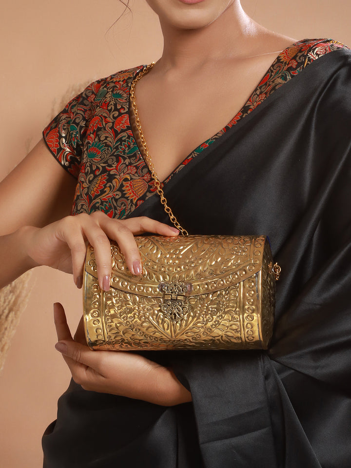 Floral Textured Golden Metallic Clutch Sling Bag